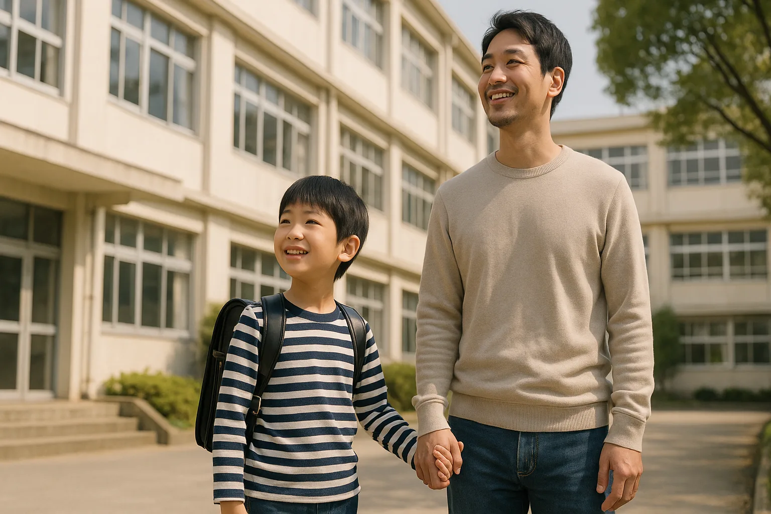 学校の前で手を繋ぐ父親と男の子