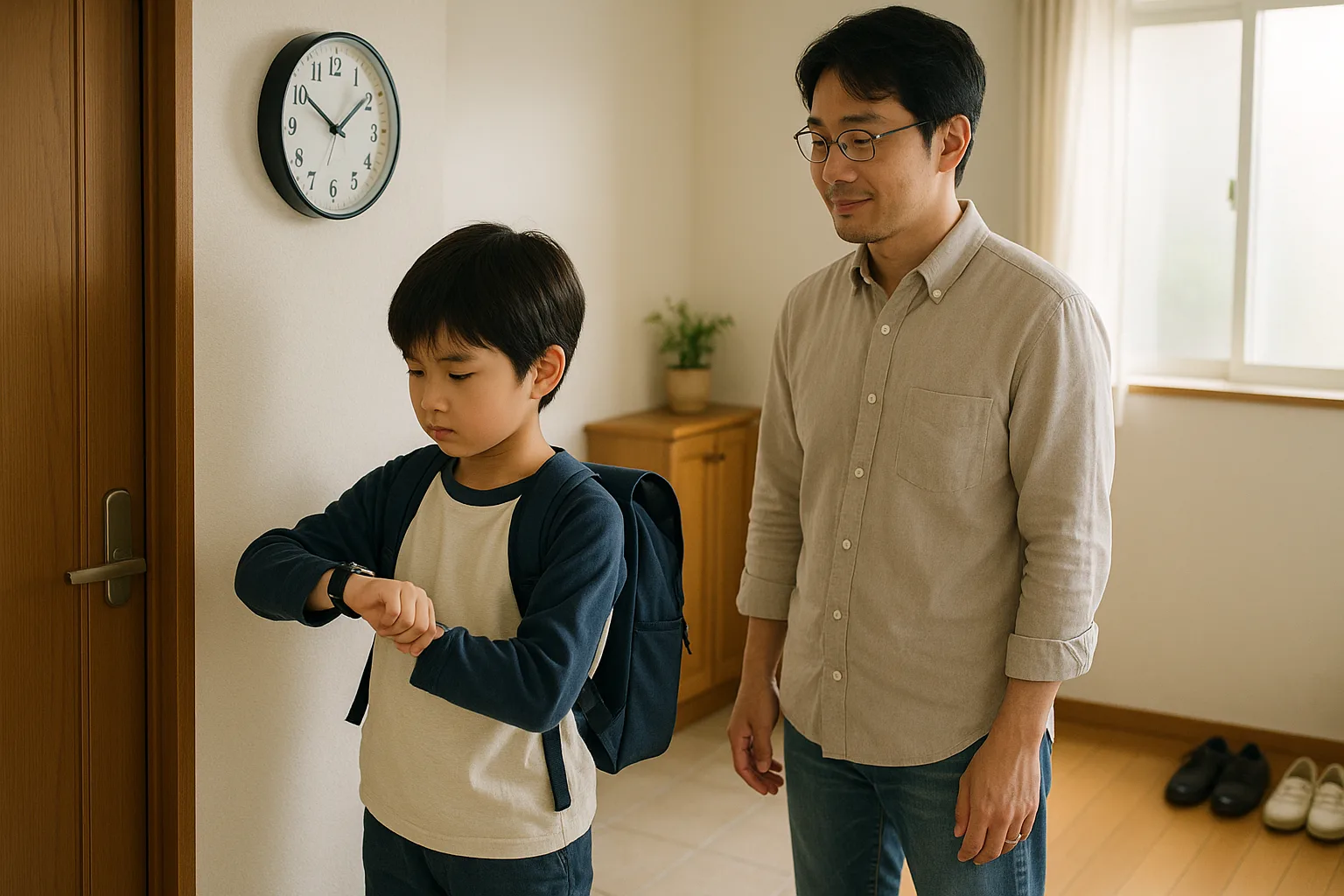時計を見ながら朝の支度をする子どもと見守る父親